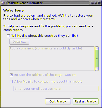 Firefox Crash Screen