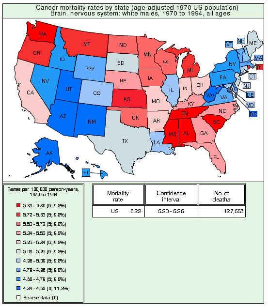 Brain cancer death rates by state
