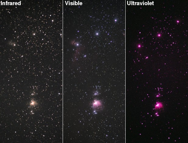 Orion Nebula in infrared, ultraviolet, and visible light