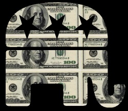 Republican elephant logo with 100 dollar bills
