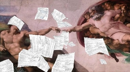 God handing forms to Adam